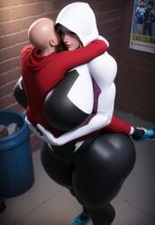 ai_generated ass blonde_female blonde_hair blonde_hair blue_eyes bodysuit boy carrying clothed gigantic_breasts gwen_stacy hoodie hug huge_ass huge_breasts huge_thighs lipstick long_sleeves male/female muscular_female outdoors spider-gwen teenage_girl teenager thick_thighs upright_straddle