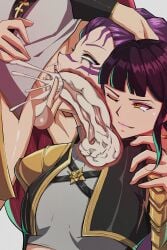 1futa 2girls ahe_gao balls_deep black_hair braided_ponytail cum cum_from_nose cum_in_mouth cum_in_throat deepthroat facial_mark fellatio fidget4827 futa_on_female futa_with_female futanari head_grab irrumatio kpop_demon_hunters mira_(kpop_demon_hunters) purple_hair red_hair rolling_eyes rumi_(kpop_demon_hunters) running_mascara runny_makeup smile very_long_hair x-ray zoey_(kpop_demon_hunters)