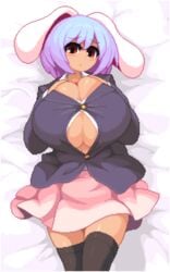 1girls 2d bed_sheet big_breasts blazer blouse breasts bunny_ears bursting_breasts buttons cleavage clothed female female_only huge_breasts large_breasts lying_on_bed pink_skirt pixel_art red_eyes reisen skirt solo solo_female solo_focus straining_buttons takorin thighhighs touhou underboob wide_hips