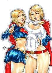 2019 2girls ass belt big_breasts blonde_hair blue_eyes breast_press cape cleavage cleavage_cutout dc dc_comics ed_benes_studio eyeshadow female female_only fred_benes hand_around_waist kara_zor-el kara_zor-l lipstick makeup naughty pinup power_girl selfcest supergirl superheroine superman_(series)