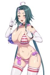 absurdres ahoge american_flag american_flag_bikini american_flag_print bikini bimbofication black_collar blush bracelet breasts character_request collar condom condom_belt condom_wrapper contrapposto copyright_request cowboy_shot curvy elbow_gloves eyeshadow facial_mark fellatio_gesture female flag_print gloves green_eyes green_hair handjob_gesture highres jahmonger jewelry large_breasts long_hair looking_at_viewer makeup micro_bikini middle_finger multicolored_hair multiple_condoms navel nipple_piercing open_mouth parted_bangs piercing piercing_through_clothes pink_eyeshadow pink_hair pinky_out print_bikini queen_of_spades queen_of_spades_symbol short_eyebrows side-tie_bikini_bottom skindentation smirk solo stomach strap_gap streaked_hair string_bikini studded_collar sweat swimsuit thighhighs tongue tongue_out tongue_piercing transparent_background underboob used_condom very_long_hair white_gloves white_thighhighs wolf_cut wristband