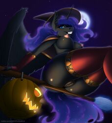 2024 absurd_res alicorn anthro areola ass biped blue_eyes breasts clothing digital_media_(artwork) equid equine eyelashes female fingers friendship_is_magic full_moon genitals grin hasbro hi_res horn jack-o'-lantern legwear looking_at_viewer mammal moon my_little_pony mythological_creature mythological_equine mythology night nightmare_moon_(mlp) nipples outside pussy smile solo text twotail813 url wings