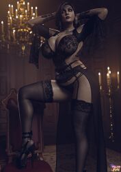 3d 3d_(artwork) alcina_dimitrescu big_breasts black_lingerie bra cleavage garter_belt garter_straps high_heels huge_breasts lace lingerie lips mature_female milf mother pale-skinned_female pale_skin panties pillowfun resident_evil resident_evil_8:_village solo solo_female thick_thighs thighhighs thong tight_clothing