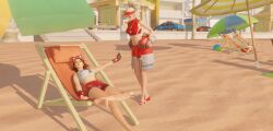 2girls 3d barefoot beach clothed clothing feet foot_fetish giantess hexmakiac highres kiriko_(overwatch) larger_female lifeguard_kiriko lifeguard_mercy light-skinned_female light_skin medium_hair mercy overwatch overwatch_2 shrinking shrunken_male smaller_male tiny unaware