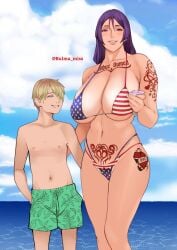 american_flag artist_request ass_grab beach belly_button big_ass big_breasts bikini bikini_bottom bikini_top bleached blonde_hair blue_eyes blush commission dominant fate/grand_order fate_(series) glowing_sora grabbing grabbing_from_behind height_difference lipstick looking_at_viewer massive_breasts minamoto_no_raikou_(fate/grand_order) mostly_nude oc original_character pale-skinned_female pale-skinned_male pale_skin phone purple_eyes purple_hair queen_of_hearts servant sex_slave sex_toy shorter_male shorts size_difference slave submissive submissive_female thick_thighs wide_hips