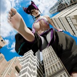 3d 3d_(artwork) black_hair blender blender_(software) cityscape feet foot_fetish giant_breasts giantess isquashyou juri_han pov purple_eyes purple_hair smile street_fighter street_fighter_6