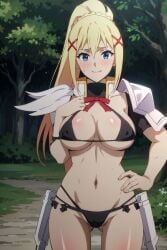 1girls 2d ai_generated armor big_breasts bikini black_bikini blonde_hair blue_eyes blush breasts busty child_bearing_hips cleavage darkness_(konosuba) hand_on_chest hand_on_hip hand_on_own_chest hi_res human human_only kono_subarashii_sekai_ni_shukufuku_wo! large_breasts legs light-skinned_female light_skin long_hair looking_at_viewer ponytail pose posing sensual smile solo source_request thighs voluptuous