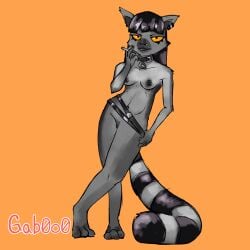 1:1 3_toes 5_fingers anthro belt biped black_body black_fur black_hair cigarette collar feet female fingers fur gab0o0 genitals grey_body grey_fur grey_nose hair half-closed_eyes hi_res leaning leaning_sideways lemur long_hair mammal markings narrowed_eyes nipple_piercing nipples nude orange_background orange_eyes piercing primate pussy ring_(marking) ringed_tail simple_background smoke smoking solo strepsirrhine striped_markings striped_tail stripes tail tail_markings toes