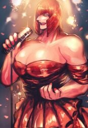 1girls bangs bob_cut breasts cleavage clothing female green_eyes grin heart huge_breasts large_breasts lips lipstick long_hair makeup marisa_rossetti mole mole_under_eye red_dress red_hair short_hair singing smile solo street_fighter street_fighter_6 zmnjo1440