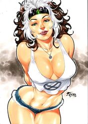 2018 abstract_background amulet anna_marie bandana bent_forward bent_over big_breasts breasts brown_hair busty cleavage curvy dated ed_benes_studio erect_nipples female female_only fred_benes green_bandana green_eyes green_hairband hair headband homo_superior hot_pants human marvel marvel_comics mutant necklace nipples nipples_visible_through_clothing no_bra no_bra_under_clothes red_lips red_lipstick rogue_(x-men) signature solo striped_hair sunglasses sunglasses_on_head tank_top thighs two_tone_hair voluptuous white_hair white_shirt x-men