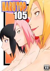 3girls age_difference alternate_version_available big_breasts black_hair blonde_hair breasts closed_mouth comic comic_cover completely_nude cover female_focus green_eyes huge_breasts in_profile large_breasts multiple_girls naruto naruto_(series) naruto_shippuden nipples nude older_female older_woman_and_teenage_girl pink_hair sakura_haruno shizune short_hair side_view smile sunahara_wataru take_your_pick teacher_and_student tsunade voluptuous water yellow_eyes younger_female