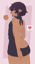 ! 1boy ass_cleavage back_view black_hair dark-skinned_male earrings exqmaster femboy heart looking_back male_only oc original original_character peach_(fruit) thick_ass thick_thighs virgin_killer_sweater