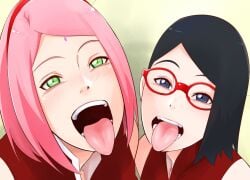 2girls adult_and_teenager age_difference ahe_gao begging_for_cum black_eyes black_hair blue_eyes blush boruto:_naruto_next_generations breasts female_focus glasses green_eyes implied_sex licking milf mother_and_daughter multiple_girls naruto naruto_(series) older_female open_mouth oyakodon pink_hair sakura_haruno sarada_uchiha short_hair smile source_request sunahara_wataru tongue tongue_out upper_body waiting_for_cum younger_female