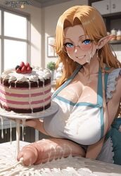 ai_generated apron bakery blonde_hair blush bukkake cake cathy_powers cleavage cum cum_dressing cum_feeding cum_in_food cum_on_body cum_on_food cum_on_plate cum_overflow cum_sauce earrings elf elf_ears elf_female excessive_cum feeding_cum frosting futanari glasses highres hoop_earrings huge_breasts huge_cock long_hair original_character patreon smile solo