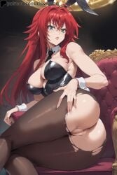 1girls ai_generated ass bodysuit breasts bunny_ears bunnysuit clothing clowenqq female female_only hand_on_hip high_school_dxd long_hair on_side pantyhose pussy red_hair rias_gremory solo thighs torn_pantyhose uncensored