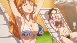 artist_request big_ass big_breasts bikini black_hair blue_tattoo book female female_only large_ass large_breasts nami nami_(one_piece) nico_robin one_piece one_piece_film_z orange_hair post-timeskip screencap swimsuit tattoo wide_hips