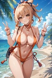 1girls ai_generated arm_tattoo bangs beach big_ass big_breasts blonde_hair choker genshin_impact hair_ornament hoyoverse jasse looking_at_viewer outdoor outside sling_bikini slingshot_swimsuit thighs yoimiya_(genshin_impact)