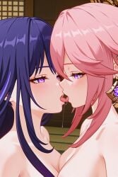 2girls afalyca ai_generated animal_ears breasts completely_naked completely_naked_female completely_nude completely_nude_female earrings fox_ears genshin_impact half-closed_eyes hoyoverse kissing lesbian_kiss long_hair medium_breasts naked nude nude_female pink_hair purple_hair raiden_shogun tensor.art tensor_art yae_miko yuri