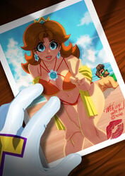 1girls 2boys beach bikini blue_eyes blue_sky breasts brown_hair cleavage crown earrings facial_hair female flower gem gloves grin highres jewelry legs lipstick luigi makeup male male_pov mario_(series) moustache multiple_boys nintendo photo_(object) pose pov princess princess_daisy sassy sky smile sunglasses swimsuit thighs tomboy tongue tovio_rogers waluigi water white_gloves