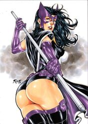 1girls 2018 abstract_background ass big_ass big_breasts birds_of_prey black_cape black_hair blue_eyes boots breasts cape curvy dated dc dc_comics ed_benes_studio erect_nipples female female_only fred_benes from_behind gloves helena_bertinelli human huntress_(dc) mask nipples nipples_visible_through_clothing pouches purple_cape purple_gloves purple_mask red_lips red_lipstick signature solo staff stockings superheroine thick_ass thick_thighs tight_clothes tight_clothing tight_shorts utility_belt vigilante voluptuous