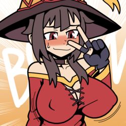 alternate_breast_size bare_shoulders big_breasts blush bouncing_breasts breasts brown_hair busty choker cleavage clothed clothing female kono_subarashii_sekai_ni_shukufuku_wo! megumin red_eyes shamefuldisplay witch_hat