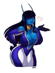 2019 alien alien_girl antennae ass big_breasts black_hair blazbaros blue_skin bodysuit breasts cleavage cleavage_cutout commission female female_only hand_on_hip hips long_ears long_hair necklace original_character solo solo_female