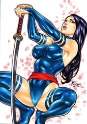 1girls 2018 abstract_background betsy_braddock big_breasts blue_clothing blue_eyes blue_stockings breasts curvy dated ed_benes_studio elizabeth_braddock erect_nipples female female_only fred_benes homo_superior human katana kwannon leotard long_hair marvel mutant nail_polish nipples nipples_visible_through_clothing pink_nail_polish pink_nails pinup psylocke purple_hair purple_lips signature solo stockings straight_hair sword tight_clothing voluptuous weapon x-men