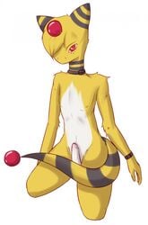 1boy 2011 ampharos anthro anthrofied belly black_fur bracelet collar erection furry hair_over_one_eye hi_res kneeling long_neck looking_at_viewer male male_only navel nintendo nipples nude original_character penis pokémon_(species) pokemon pokemon_(species) pokemon_gsc red_eyes sheep short_hair simple_background snofu solo stripes tail video_games white_background white_fur yellow_fur