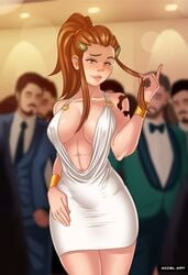 1girls 2d 6+boys abs accelart blizzard_entertainment breasts brigitte cleavage cleavage_dress curvy deep_cleavage dress erect_nipples female highres huge_breasts low_cut_top male male_with_female male_with_male muscular_female nipple_bulge nipples no_bra overwatch skirt staring toned