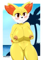 1girls :3 absurd_res anthro anthrofied areolae ass belly big_ass big_breasts big_ears big_eyes blush breasts canine chubby female female_only fennekin fox fur furry hi_res highoncoffee huge_breasts large_ass large_breasts motion_lines navel nintendo nipples nude orange_eyes orange_fur original_character outdoors pokémon_(species) pokemon pokemon_(species) pokemon_xy pussy smile solo tail teeth text thick_thighs video_games water watermark white_border wide_hips yellow_fur