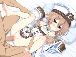 1boy ass bare_legs bare_shoulders barefoot blanc blue_eyes blush bottomless brown_hair censored coat dress female frown fur_trim hair_between_eyes hands_up hat highres knees_up legs_up long_sleeves lying medium_hair mosaic_censoring neptunia_(series) no_panties on_back penis petite pussy sex solo_focus spaghetti_strap spread_legs straight thigh_grab thighs upskirt vaginal_penetration white_dress wide_sleeves yaomai