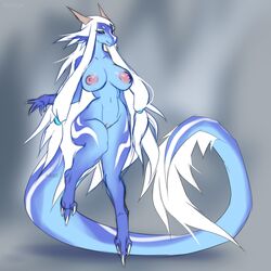 1:1 5_fingers anthro blue_eyes breasts dragon dragoness draqgon female hair hi_res horn nipples non-mammal_breasts nude pussy simple_background smile solo white_hair xenoda