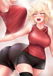 1girls ass big_ass big_breasts bike_shorts blush breasts cleavage female female_only large_breasts light-skinned_female light_skin mature_female milf mitsuki_bakugou mother my_hero_academia shpo solo