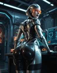 ai_generated android ass bioware black_lips breasts desk edicyberpunk female from_behind grey_eyes indoors joints lips lok_ai looking_at_viewer looking_back makeup mass_effect metal_skin orange-tinted_eyewear robot robot_joints science_fiction smile solo standing thighs