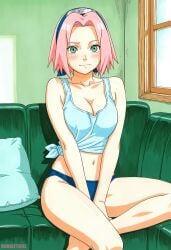 accurate_art_style accurate_body_type accurate_proportions ai_generated big_breasts bubbleteexl couch couch_sitting manga_style naruto naruto_(series) pink_hair sakura_haruno sitting sitting_on_couch tied_shirt