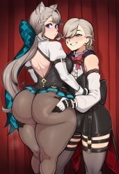 1boy 1girls ai_generated ass ass_bigger_than_head ass_focus ass_grab ass_jiggle big_ass blush butt_focus charlotteanon frilled_dress genshin_impact huge_ass incest incestuous leggings looking_at_viewer lynette_(genshin_impact) lyney_(genshin_impact) magic magic_show magician_hat pants presenting_ass presenting_butt presenting_hindquarters skirt smirk smirking_at_viewer thick_thighs tight_clothing tight_pants viewed_from_behind