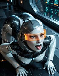ai_generated all_fours android ass bioware black_lips bodily_fluids breasts edi female grey_eyes joints lips lok_ai looking_at_viewer mass_effect medium_breasts metal_skin open_mouth robot robot_joints saliva science_fiction solo tinted_eyewear tongue tongue_out