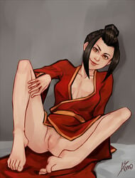 1girls 2d alternate_version_available areolae asmo avatar_the_last_airbender azula barefoot black_hair breasts_apart cleavage clothing feet female female_only gold_eyes grey_background hairless_pussy head_tilt knees_apart_feet_together light-skinned_female light_skin looking_at_viewer nickelodeon no_bra no_panties no_underwear nsfw on_floor pale-skinned_female pale_skin presenting_pussy pussy robe small_breasts smirk solo spread_legs tied_hair toe_curl toes toned watermark