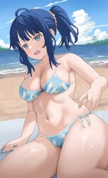1girls ahoge annoyed aqua_bikini bare_arms bare_shoulders barefoot beach big_breasts bikini blue_eyes blue_hair blue_sky breasts busty cleavage cloud collarbone commentary_request cumulonimbus_cloud female female_only hair_between_eyes highres large_breasts long_hair looking_at_viewer make_heroine_ga_oo_sugiru! navel open_mouth ponytail pose posing side-tie_bikini_bottom sidelocks sitting sky soles solo string_bikini swimsuit thighs toned toned_female voluptuous yanami_anna