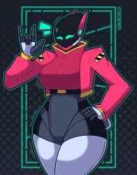 1girls 5_fingers ^_^ artist_name background breasts envylemonade female female_focus female_only fingers gesture gesture_hand gesturing_at_viewer green_eyes green_outline grey_skin half_clothed hand_on_hip hand_sign huge_breasts huge_thighs humanoid kate_(envylemonade) large_breasts looking_at_viewer no_mouth no_panties no_pants no_underwear oc one_hand_on_hip original original_character red_clothing red_outfit robot robot_girl robot_humanoid solo solo_female thick_thighs thighs