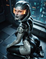 ai_generated android ass bioware black_lips breasts cyberpunk cyborg edi female grey_eyes joints kneeling lips lok_ai looking_at_viewer looking_back mass_effect medium_breasts metal_skin robot robot_joints science_fiction short_hair smile solo tinted_eyewear