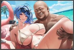 1boy 1girls ai_generated azur_lane beach bikini blue_hair blush breasts eyewear_on_head fat fat_male female huge_breasts lipstick looking_at_partner looking_at_viewer male navel old_male older_male_and_younger_female outdoors pool_float purple_eyes shoulder_grab side_ponytail smile smiling_at_viewer st._louis_(azur_lane) sunglasses thigh_grab ugly_bastard
