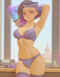 1boy 1futa 2025 ai_generated artist_name blurry blurry_background blurry_foreground bra depth_of_field earrings futanari hi_res high_quality high_resolution highres jewelry makeup navel novalust overwatch panties patreon patreon_username purple_bra purple_eyes purple_legwear purple_panties solo sombra stable_diffusion thighhighs underwear watermark