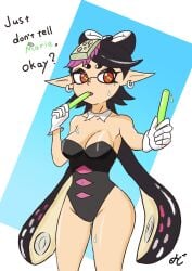 1girls artist_name artist_request bluesky_link callie_(splatoon) cleavage female inkling looking_at_viewer nodo_inkling offering offering_to_viewer one-piece_swimsuit popsicle splatoon splatoon_(series) squid_sisters summer sweat sweatdrop swimsuit text watermark