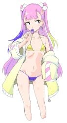 1girl artist_request bikini choker earrings eri_(synthesizer_v) female flat_chest jacket jacket_off_shoulders lolipop multicolored_bikini pink_hair side_eye slim_waist solo stomach synthesizer_v