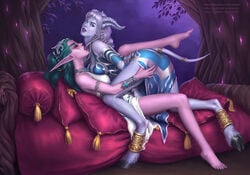 2girls blue_eyes draenei dressed female glowing_eyes green_hair hand_on_ass hand_on_pussy hooves horns horns_and_hooves multiple_girls night_elf open_mouth pale_skin pink_skin purple_skin tyrande_whisperwind world_of_warcraft xenbis yuri