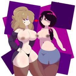 almost_naked annoyed annoyed_expression belly_button big_ass big_breasts big_butt breasts breasts_out cassy_(cassysassy) cassysassy clothed dark_hair dark_purple_eyes heart_tattoo jacket light_brown_hair may_(moonlightdrawinguwu) moonlightdrawinguwu panties purple_eyes purple_highlights simple_background simple_shading thighhighs topless
