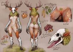 antlers ass breasts brown_background colored_skin dark_skin druid facing_viewer female female_pubic_hair from_behind grey_skin highres horns large_breasts mushroom nipples nut_(food) open_mouth original pubic_hair pussy searyn shiny_skin skull standing teeth tongue tongue_out