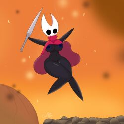 2_horns almost_naked arthropod big_ass big_breasts big_butt black_body black_skin blush cassysassy cloak cloak_only dark_blue_nipples falling hollow_eyes hollow_knight hollow_knight:_silksong hornet_(hollow_knight) nail_(weapon) naked surprised