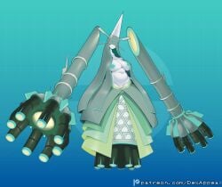 areola armless belly big_breasts breasts clothed clothing dex_appeal female generation_7_pokemon genitals green_hair hair hi_res hidden_eyes humanoid navel nintendo nipples pale_skin partially_clothed pokemon pokemon_(species) pokemorph solo ultra_beast vulva white_body